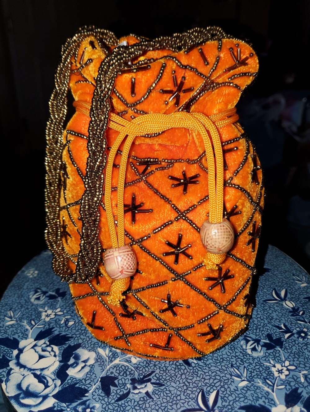 *Brand New* Beaded Orange Velvet Drawstring Indian Polti Handbag